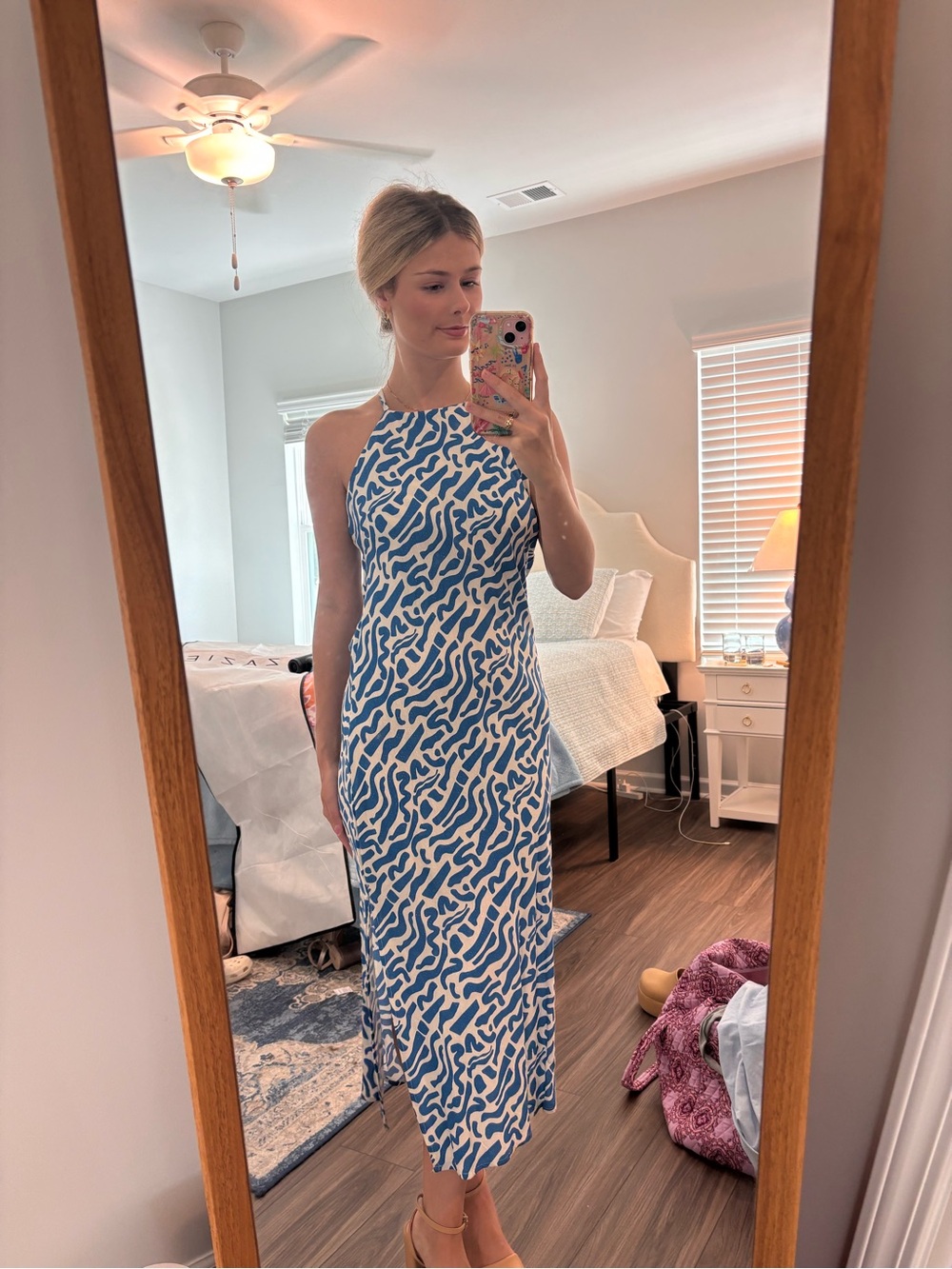 Sleeveless Blue Wave-Print Midi Dress